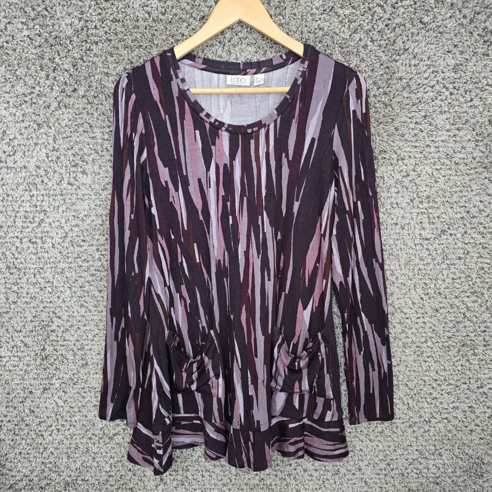 LOGO Lori Goldstein Top‎ Womens Small Purple Printed Scoop Neck Pockets Casual